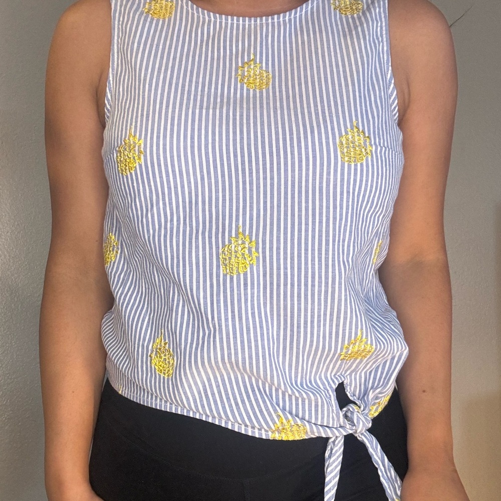 J crew blue striped tank top with pineapples and tie
